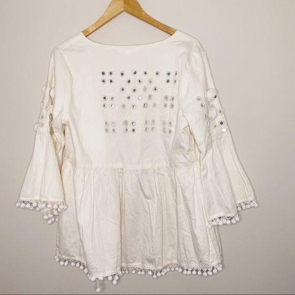 NEW Artisan Boho Tunic Top Mirror Pom Pom Work - M - Picture 3 of 6